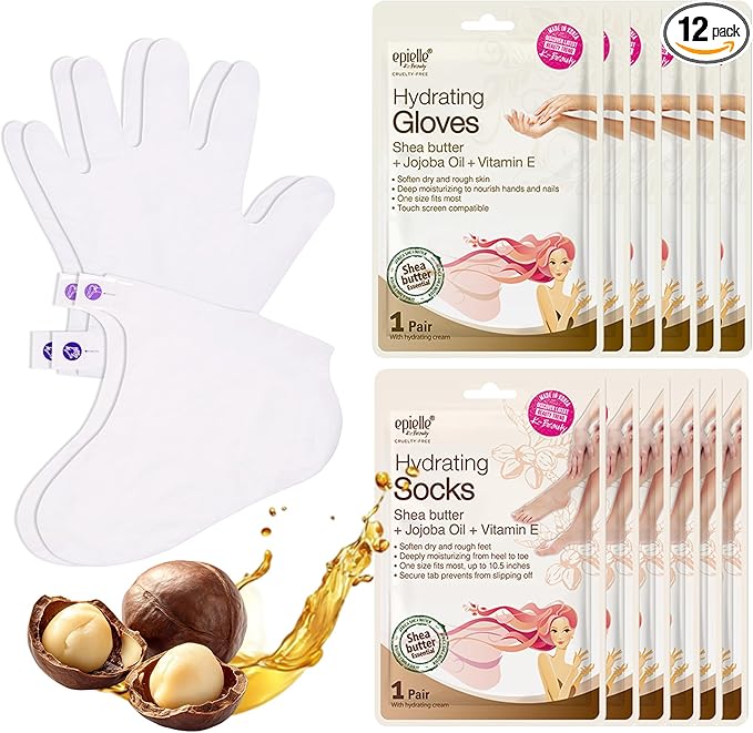 Epielle Hydrating Hand & Foot Masks 12 Pairs, Deep Moisturizing Socks & Gloves, Soften Dry Hands & Cracked Heels with Shea Butter & Jojoba Oil, Korean Skin Care, Foot Spa, Self Care Gifts for Women-StrideForce Fitness