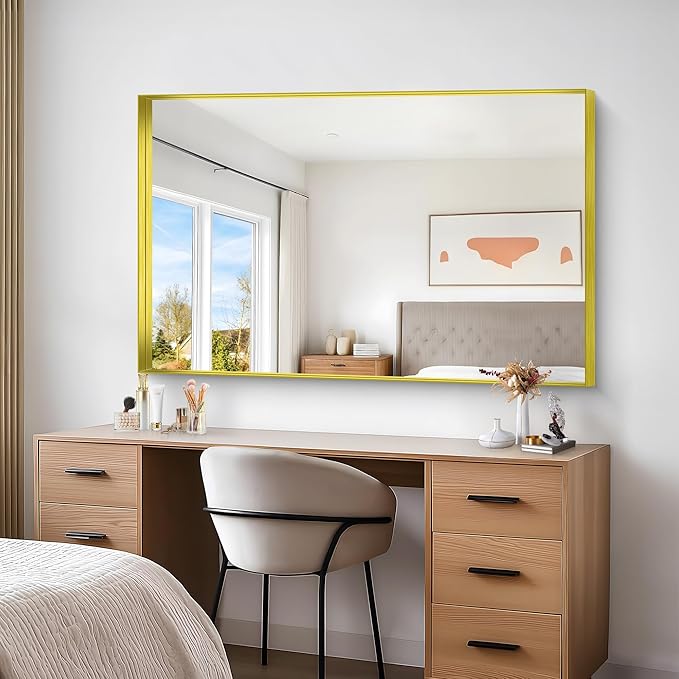 Gold Bathroom Mirror, 36x55 Inch Rectangular Deep Frame Mirror, Large Wall Mounted Bathroom Vanity Mirror Over Sink for Bedroom,Restroom, Living Room, Hangs Vertically or Horizontally-StrideForce Fitness