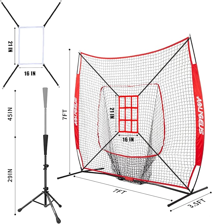 7'X7' Baseball Softball Practice Net,Pitching Net,Batting Net,with Baseball Tee,Bonus Strike Zone and Bow Frame,for Hitting,Pitching, Catching-StrideForce Fitness