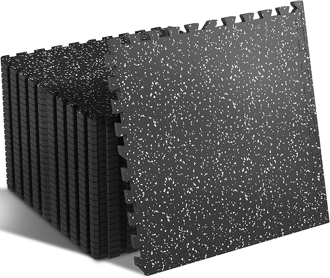 SUPERJARE 0.4'' Thick 24 Pcs 96 Sq Ft Rubber Top Exercise Equipment Mats, High Density EVA Foam Mats with Rubber Top, Interlocking Gym Flooring for Home Gym, Protective Workout Mat, Black/Grey-StrideForce Fitness