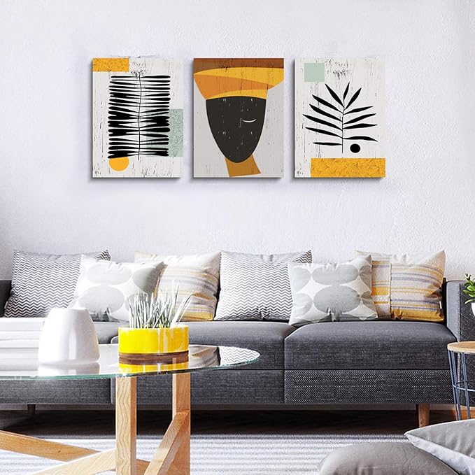 Framed Canvas Wall Art African Ethno Motive Wall Art Set, Abstract Ethno Art, African American Woman Portrait, Black Orange Print, Contemporary Collage, Minimalist (A-3pcs,16x24inchx3pcs)-StrideForce Fitness