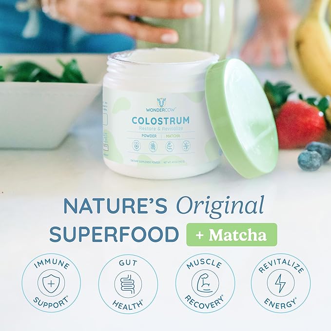 Colostrum Supplement Powder for Gut Health, Immune Support, Muscle Recovery & Wellness | Natural IgG Pure Whole Bovine Colostrum Superfood, Matcha, 60 Servings-StrideForce Fitness