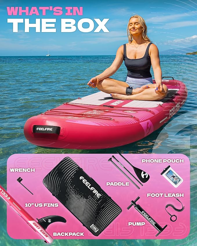 Feelfire11'x34” Extra Wide Inflatable Paddleboard, Stand-up Paddle Board for Adults, 420lb Capacity for Yoga/Fishing/Family, EVA Deck, US Fin, High-Pressure Pump, Storage Backpack, Safety Leash-StrideForce Fitness