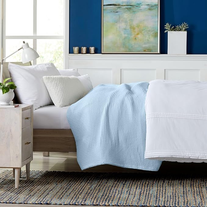 100% Cotton Waffle Weave Queen Bed Blanket | Soft, Breathable, and Lightweight Blanket for All-Seasons | Perfect for Layering | Brielle Collection (Full/Queen, Sky Blue)-StrideForce Fitness