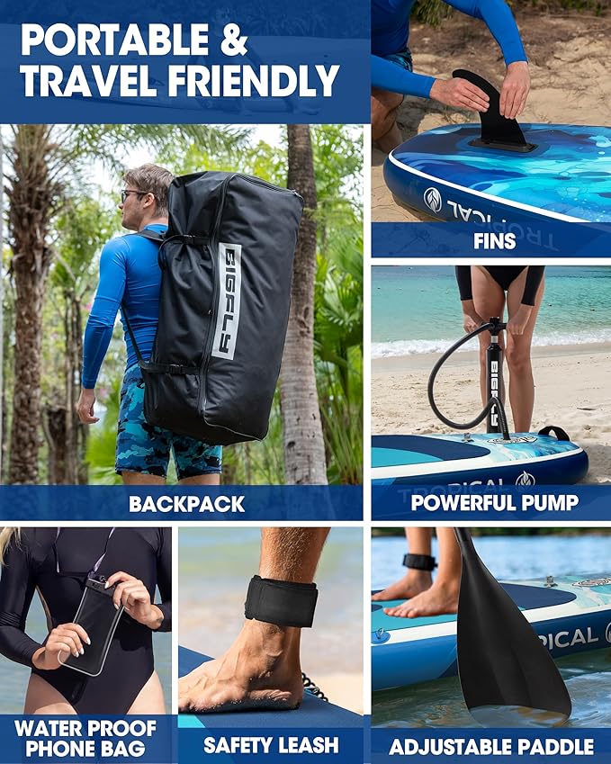 Bigfly Inflatable Stand Up Paddle Board 11’*34”*6”, Blow Up Paddle Board for Adults,with Detachable Fins, Pump, Floating Paddle, Safety Leash,Backpack-StrideForce Fitness