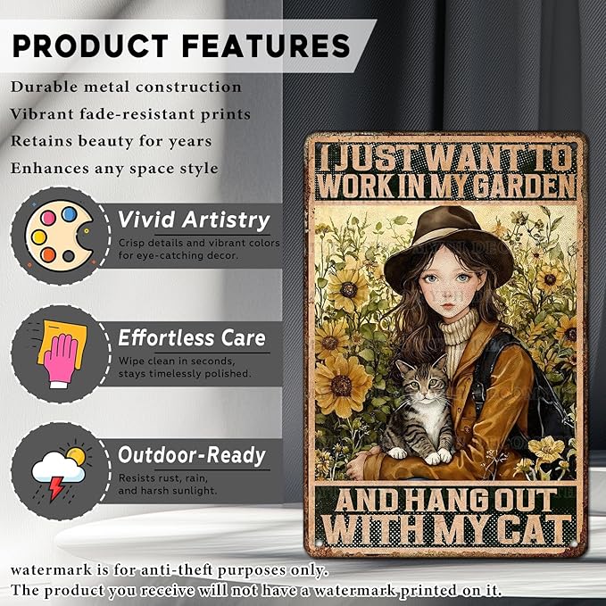 Cat Garden Vintage Tin Sign I Just Want To Work In My Garden and Hang Out With My Cat Retro Metal Tin Sign Sunflower Decor for Home Fence Porch Room Wall Decor Poster 12 * 8inch-StrideForce Fitness