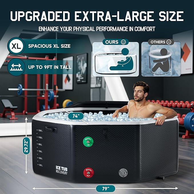 Albott Inflatable Cold Plunge Tub for Athletes, Ice Bath Tub with Insulated Lid Non-Slip Mat & Handles, Water Chiller Compatible, Portable for Indoor & Outdoor Recovery, 525 Gal, 79"L x 79"W x 33"H-StrideForce Fitness