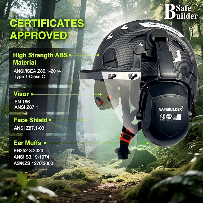 Forestry Safety Helmet with Build-in Visor Mesh Face Shield Ear Muffs 4 in 1 Chainsaw Safety Hard Hats-StrideForce Fitness