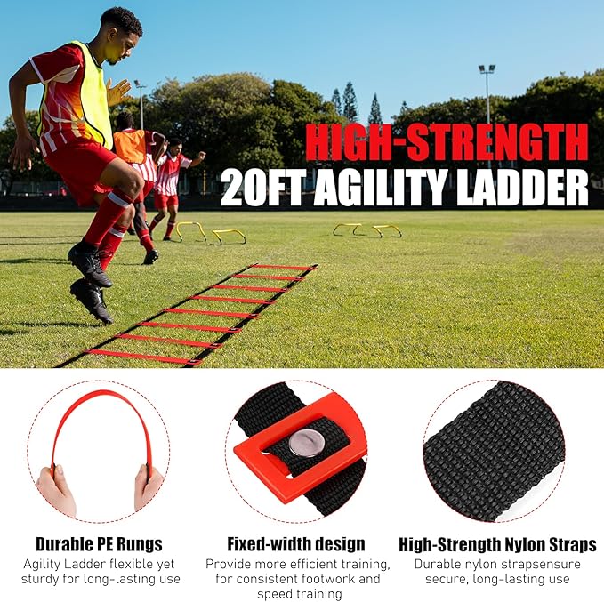 Soccer Training Equipment, Agility Speed Training Set with 20ft Speed Ladder, 12 Cones, 4 Adjustable Hurdles, Jump Rope, Parachute | Ideal for Basketball, Football Practise, for Kids, Youth, Adults-StrideForce Fitness