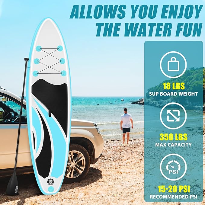 Inflatable Stand Up Paddle Board 10‘x30‘‘- Ultra-Light SUP with Backpack, Pump, Paddle, Coil Leash, 3 Fins, Repair Kit, Stable Design, Non-Slip EVA Deck for Adults & Youth-StrideForce Fitness