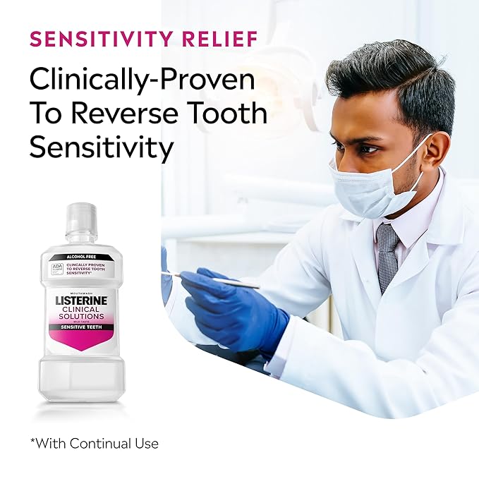 Listerine Clinical Solutions Sensitive Teeth Alcohol Free Mouthwash, Fresh Breath Dental Mouthwash Provides Protection & Relief from Tooth Sensitivity Pain, Daily Fresh Mint Oral Rinse, 500 mL