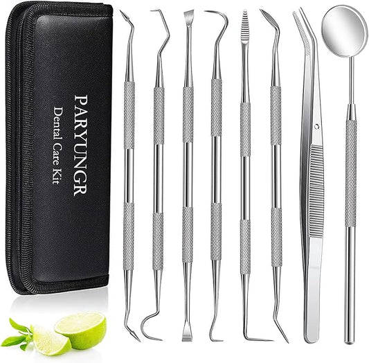 8 Pack Dental Tools PARYUNGR Teeth Cleaning Tool Kit, Stainless Steel Scraper Plaque Tartar Remover Tooth Cleaner Dental Floss Picks, Professional Oral Care Hygiene Set for Personal Pet Use with Case