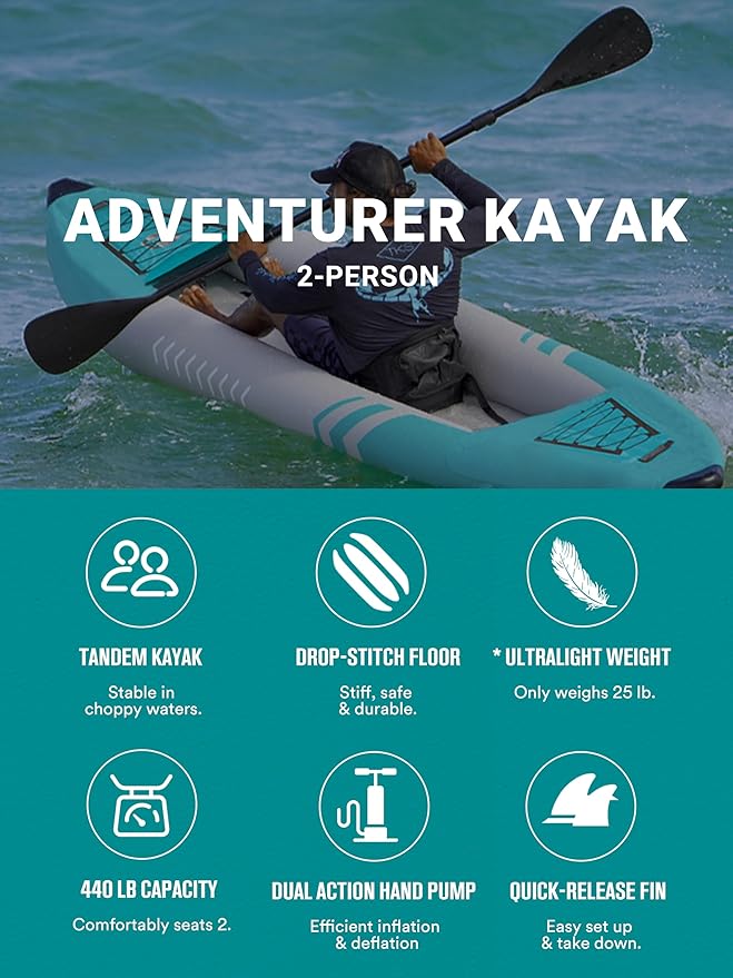 Inflatable Kayak 2 Person Adult - BEYOND MARINA Tandem Kayak with Drop Stitch Floor, Touring Kayak with Aluminum Paddles, Seats, Footrests, Pump, Fins, Adventurer 12.5ft-StrideForce Fitness