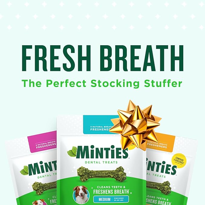 Minties Dental Chews for Dogs, 20 Count, Vet-Recommended Mint-Flavored Treats for Medium Dogs 25-50 lbs, Dental Bones Clean Teeth, Fight Bad Breath, and Removes Plaque and Tartar