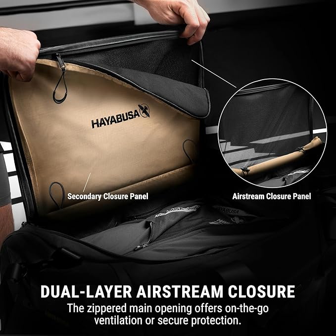 Hayabusa Mayweather Airstream Duffle Gym Bag for Women and Men - Black/Gold, 50L-StrideForce Fitness