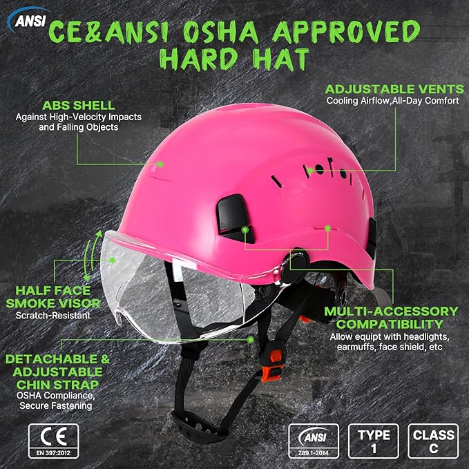 Aolamegs Pink Hard Hats for Women OSHA Approved - ANSI Z89.1 Construction Safety Hard Hat with Clear Visor, Adjustable Vented Cascos De Construccion Work Hardhats, 6 Point Ratcheting Hardhat-StrideForce Fitness