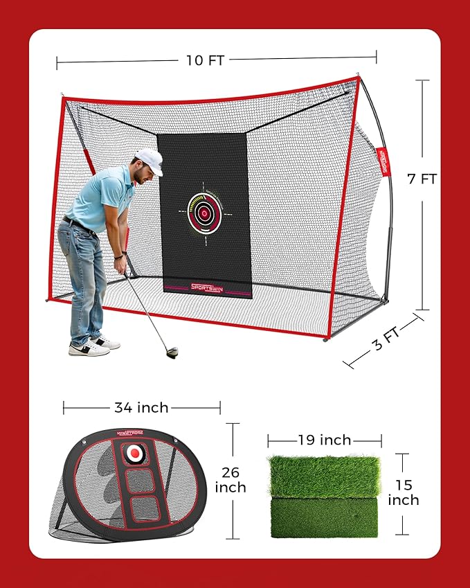 10x7ft Heavy Duty Golf Practice Net with Mat, Target Cloth, 8 Tees, 6 Balls, Carry Bag, Golf Training Net for Backyard Driving Chipping Indoor Outdoor-StrideForce Fitness