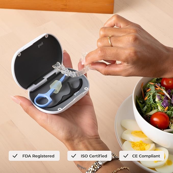 PUL Clear Aligner & Retainer Case – for Invisalign, Partial Dentures, Mouth & Night Guards, PUL Removal Tool, Dental Removables – Plastic Holder w/Secure Magnet Closure, Sleek & Slim Design – Purple