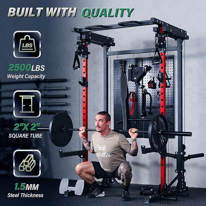 MAJOR FITNESS Drone3 Power Rack, Multi-Function Home Gym Squat Rack with Pull-Up Bar, Cable Crossover & J-Hooks, Heavy-Duty Steel Frame for Maximum Stability & Strength Training-StrideForce Fitness