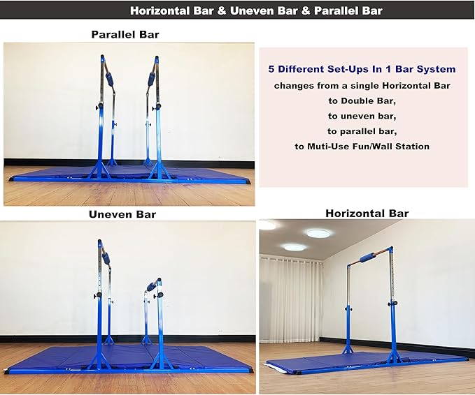 Gymnastics Double Horizontal Bars 3Play Parallel Bars Uneven Bars Gymnastics Training Kip Bar with 304 Stainless Steel Regulating Arms & Fiberglass Rail for Indoor Outdoor Home Club Use-StrideForce Fitness