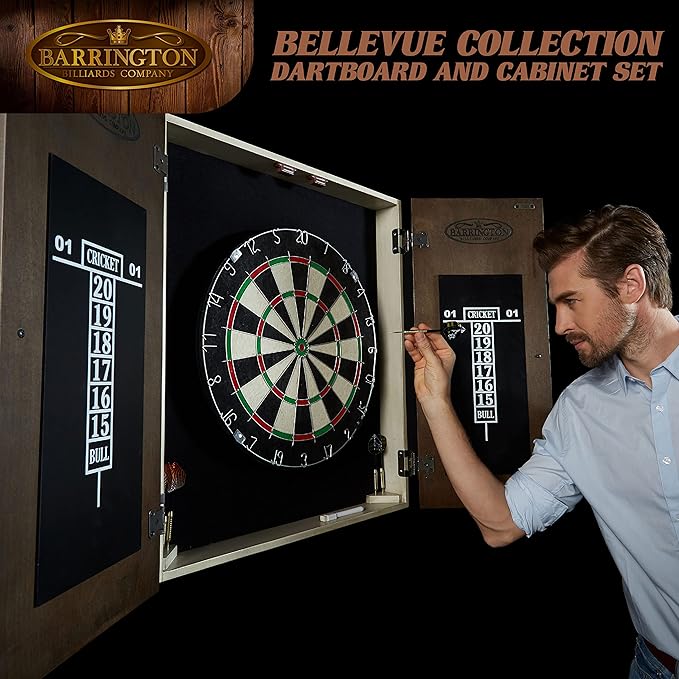 Barrington Dartboard Multiple Styles Pre-Assembled Wood Dartboard Cabinet Collection with 18” Bristle Dartboard & Steel Tip Dart Set, Perfect for Cricket Games-StrideForce Fitness