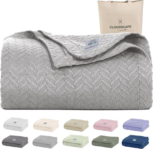 Cloud Scape Linen 100% Cotton Queen Size Blanket, Herringbone Pattern, Lightweight Summer Blanket,Best Gifts for Women, fits Full Size Bed, 92 x 92, Light Grey-StrideForce Fitness