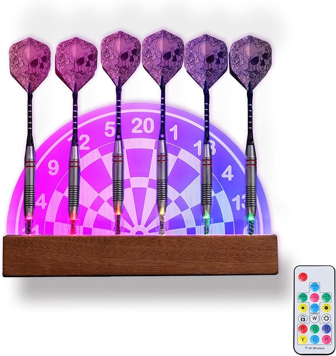 Light Up Dart Stand Wall Mount, Acrylic Wooden LED Dart Holder with Multiple Color Modes with Remote Control Holds 6 Darts, Xmas Birthday Gifts for Darts Enthusiasts-StrideForce Fitness
