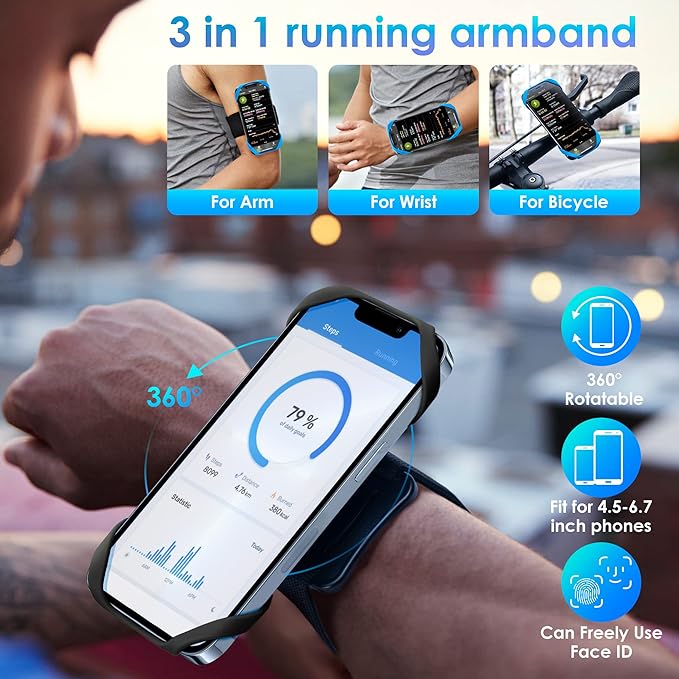 Cikyner Running Armband, 3 in 1 Running Phone Holder Sports Armband Bicycle Phone Holder 360° Rotatable & Detachable Running Phone Armband for 4.5-7'' iPhone Huawei for Gym Running Hiking-StrideForce Fitness