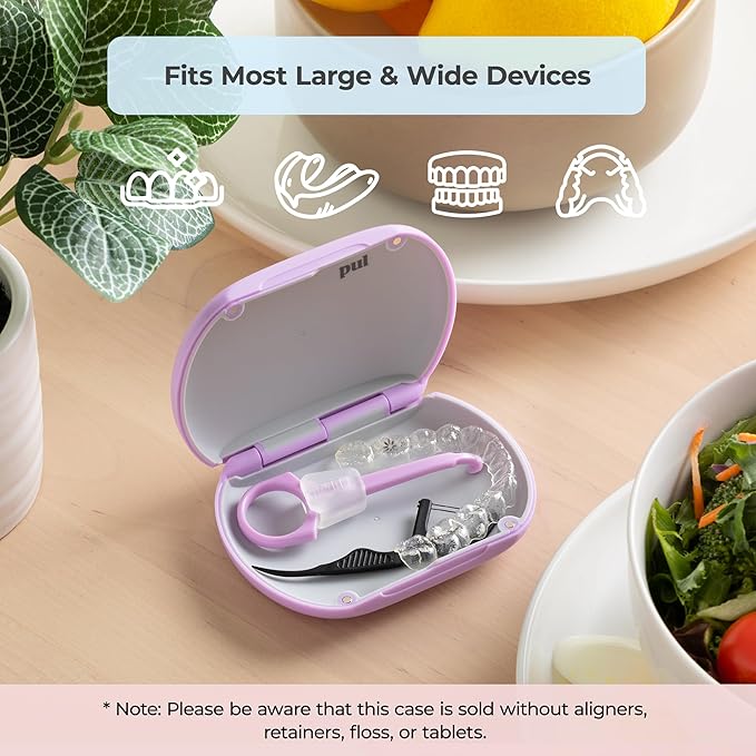 PUL Aligner Care Convenience Kit – Case + 2-in-1 Tool for Invisalign, Retainers, Partial Dentures, Mouth & Night Guards & More – Gray Case & 2-Pack of Blue Aligner Seating Chewie & Removal Tool