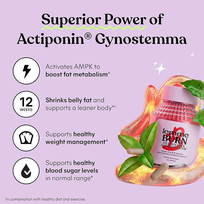 Lemme Burn - Metabolism, Belly Fat Burning + AMPK Activating Supplement for Men & Women w/Clinically Studied Actiponin Gynostemma, Green Tea Extract, Vitamins B6 & B12 - Gluten Free, 180 Count-StrideForce Fitness