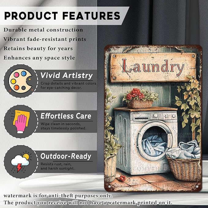 Vintage Laundry Room Tin Sign Retro Metal Poster Funny Laundry Wall Art Cafe Toilet Farm Room Garden Plaque Outdoor Farmhouse Decor Bathroom Restroom 12 * 8inch-StrideForce Fitness