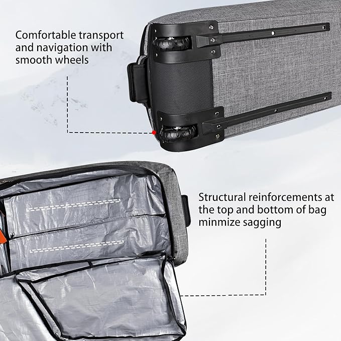 Goloni Ski Bag with Wheels,Padded Snowboard Bag for Air Travel,600D Waterproof Fabric,Foldable Snow Bag Fits 2 Pairs Skis-StrideForce Fitness
