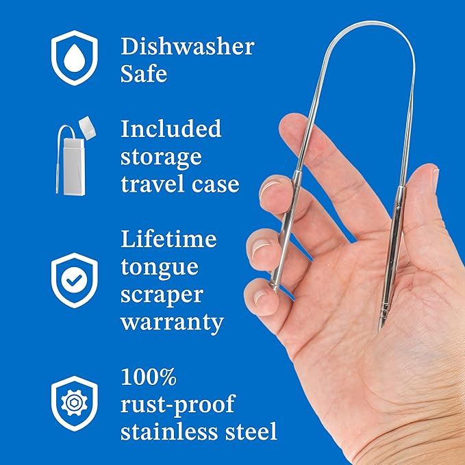 Mouthology Tongue Scraper (2 Pack), Reduce Bad Breath (Travel Cases Included), Stainless Steel Tongue Cleaners, Metal Tongue Scraper, Tongue Scraper for Adults - Fresher Breath in Seconds