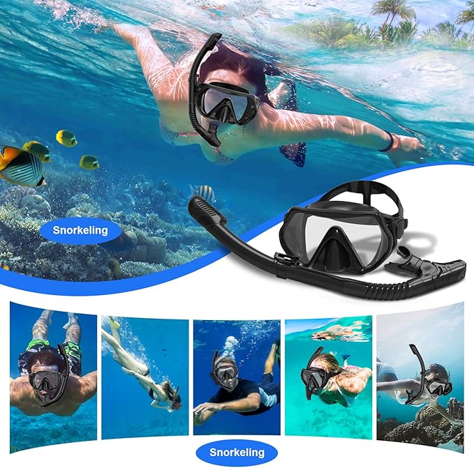 Snorkeling Gear, Dry Snorkel Set180° Panoramic Wide View,Anti-Fog Scuba Diving Mask, Professional Snorkeling Gear for Free Breathing, Swimming, Diving-StrideForce Fitness