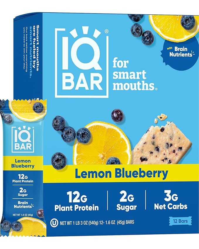 IQBAR Brain and Body Plant Protein Bars - Lemon Blueberry - 12-Count Low Carb - Gluten Free, High Fiber, Vegan Snacks - Low Sugar Meal Replacement-StrideForce Fitness