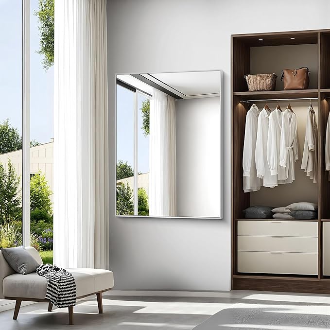 Silver Bathroom Mirror,36x48 inch Wall Mirror for Bathroom Wall Mounted,Large Rectangle Mirror for Bathroom Over Sink,Modern Metal Frame for Living Room,Bedroom Entryway,Horizontal/Vertical-StrideForce Fitness