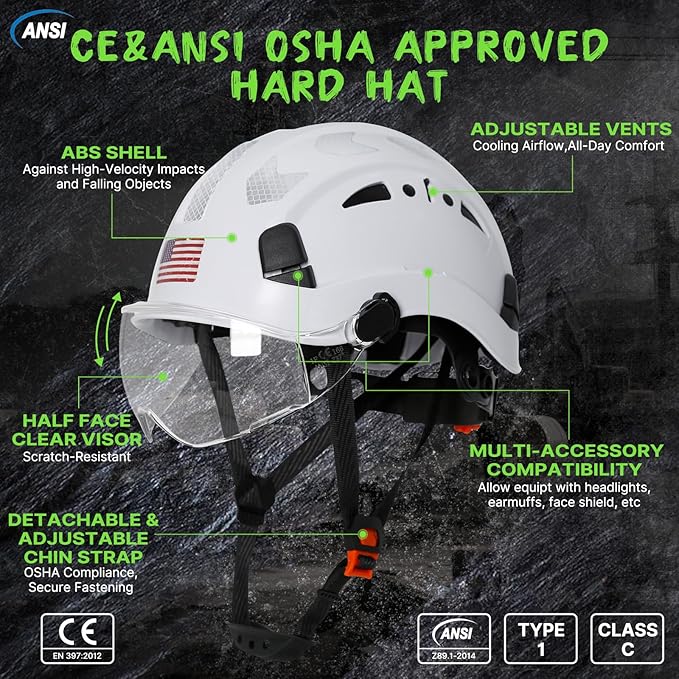 AOLAMEGS Construction Safety Hard Hat - ANSI Z89.1 Type Ι OSHA Approved Safety Helmets with Chin Straps Lightweight Reflective Vented ABS Hard Hats For Men Women Industrial Workwear 6-point Suspension-StrideForce Fitness