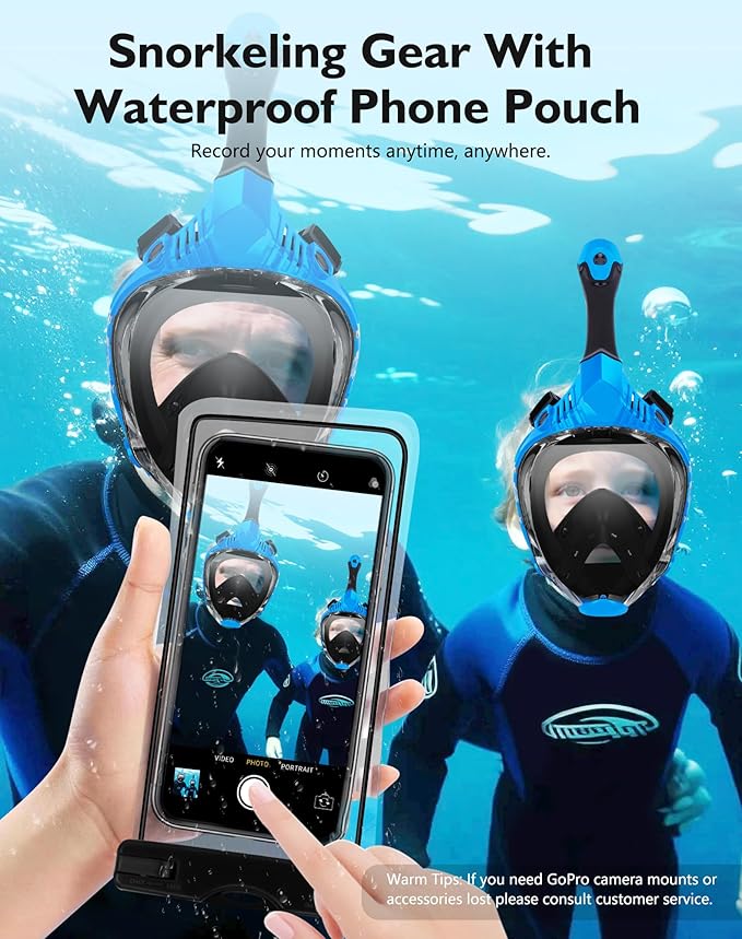 VGKE Full Face Snorkel Mask for Adults, 180 Degree HD Panoramic View Snorkeling Gear with Waterproof Phone Pouch, Anti-Leak & Anti-Fog, Breathe Freely Suitable for Men/Women-StrideForce Fitness