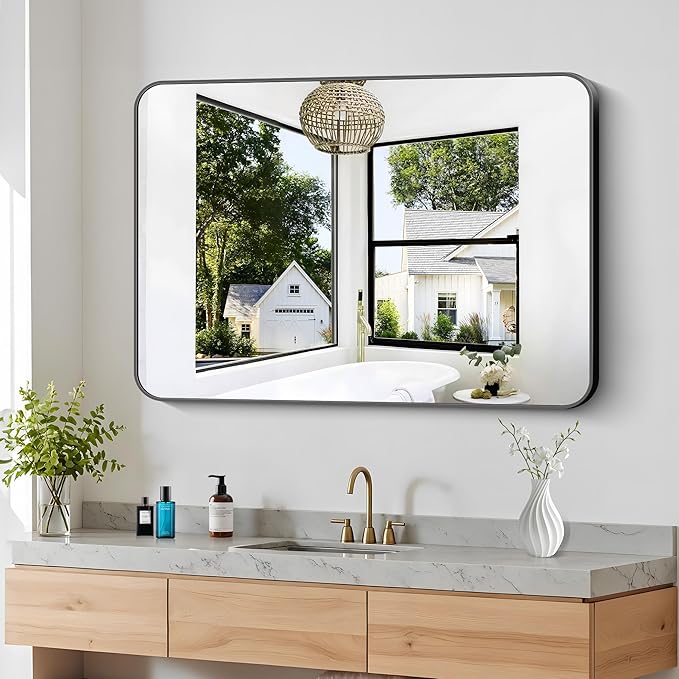 36x48 inch Bathroom Mirror,Black Rectangle Mirror,Wall Mounted Bathroom Frame Vanity Mirror with Round Corner for Bedroom Living Room, Entryway Hangs Horizontal or Vertical-StrideForce Fitness