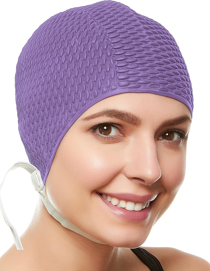 Beemo Swim Cap Women Chin Strap Bubble Crepe Latex Long Short Hair Swimming Caps-StrideForce Fitness