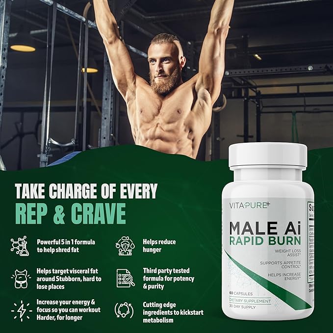 Male Ai Rapid Fat Burner for Men | Supports GLP-1 Pathway Function for Weight Loss | Appetite Suppressant, Energy Booster, Diet Pills | 3rd Party Tested Formula - 60 Capsules-StrideForce Fitness