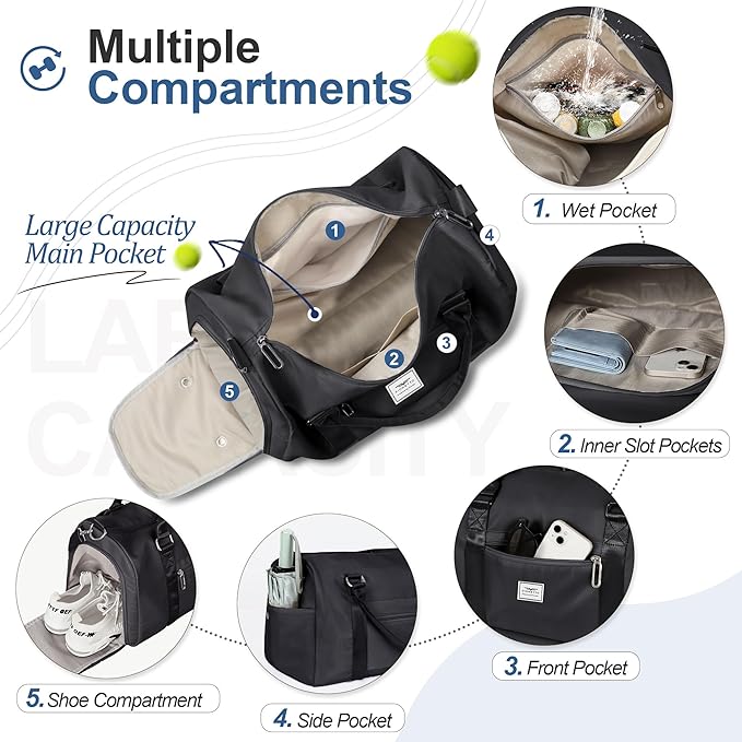 FIORETTO Womens Gym Tote Duffle Bag with Wet Pocket & Shoe Compartment, Sports Duffel Overnight Weekender Hospital Workout Carry on Bag for Girls, Ideal for Travel, Swimming, Dance, Ballet Black-StrideForce Fitness