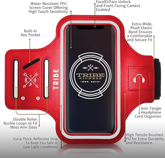 TRIBE Water Resistant Cell Phone Armband Case Running Holder for iPhone Pro Max Plus Mini SE (13/12/11/X/XS/XR/8/7/6/5) Galaxy S Ultra Plus Edge Note (21/20/10/9/8/7/6/5) Adjustable Strap & Key Pocket-StrideForce Fitness
