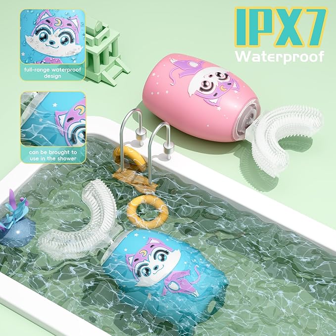 Kids Toothbrush Electric, U Shaped Ultrasonic Automatic Toothbrush with 4 Brush Heads, Two Cleaning Modes, Cartoon Modeling Design for Kids, Age 2-12