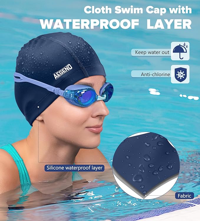 Aegend Fabric Swim Cap, Silicone Waterproof Layer - Breathable Cloth Swimming Cap, Keep Hair Dry with Hight Elasticity for Youth(8-16) Adult, 2 Sizes to Choose-StrideForce Fitness