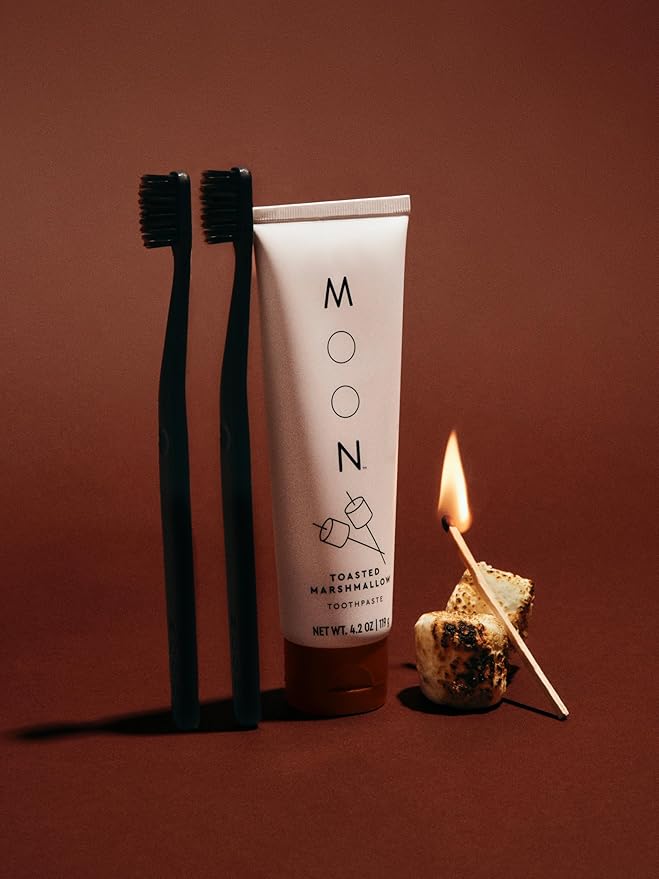 MOON Toothpaste, Toasted Marshmallow Flavor, 4.2 Oz, Plus Soft Bristle Toothbrush 2 Pack, No Fluoride or Sugar, Gentle on Enamel, Gums & Teeth, Whitening Toothpaste for Adults & Children 2 Years+