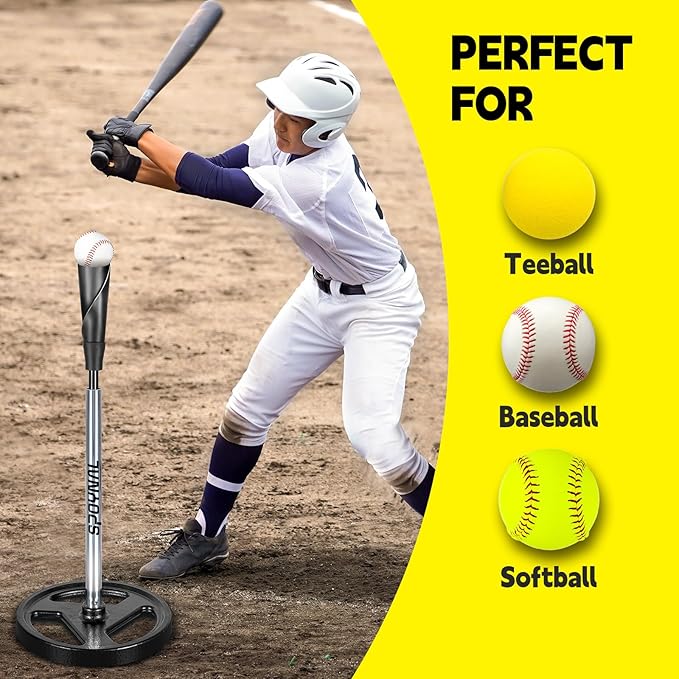Portable Batting Tee for Baseball/Softball - Adjustable Height 24" to 46", 25" to 37", Baseball Practice Training Hand-Rolled Flexible Rubber Top & Heavy Duty Base for T-Ball, Youth & Adults-StrideForce Fitness