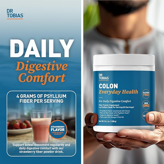 Dr. Tobias Colon Everyday Health - Gut Health for Women & Men - Psyllium Fiber Powder Drink with 4g Psyllium Husk Powder per Serving, Vegan, Gluten Free, Non-GMO, Strawberry Flavor, 60 Servings-StrideForce Fitness