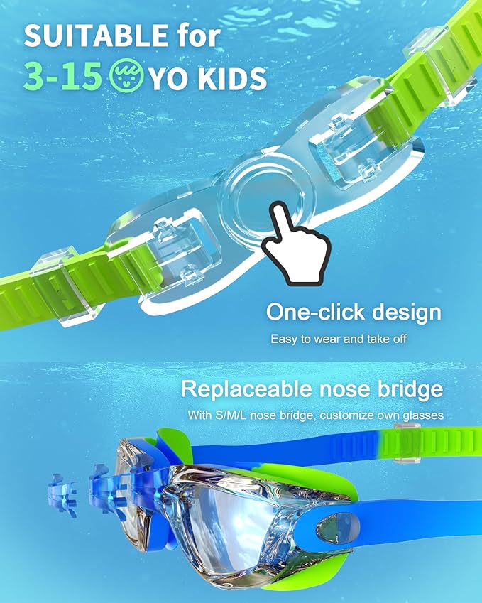 Kids Swim Goggles, Swimming Goggles for Kids with Nose Clip, Earplugs, Nose Bridge for Age 3-15-StrideForce Fitness