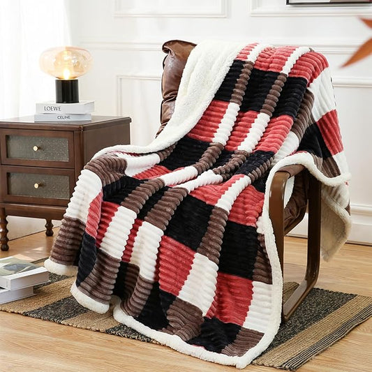 PU MEI Sherpa Blanket Twin Plaid Thick Bed Blanket, 60”*80” Super Soft Flannel Fuzzy Fleece Reversible Velvet Plush Warm Blanket for Couch (Black Red Check)-StrideForce Fitness